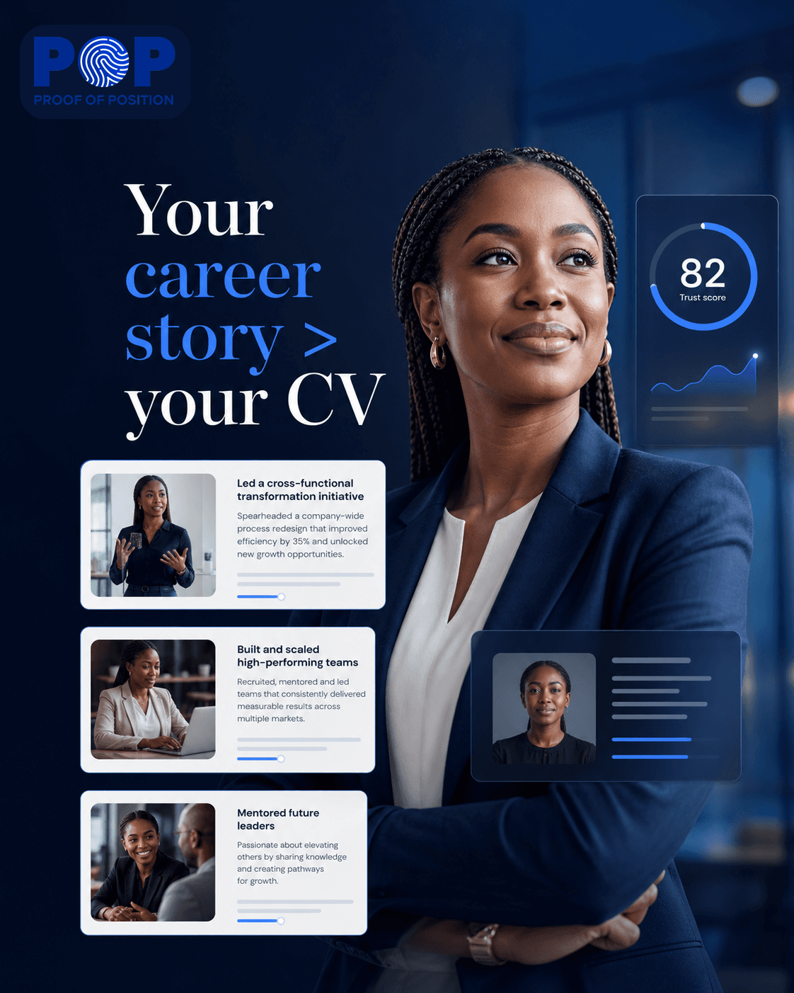 A professional showcasing their verified career story on POP